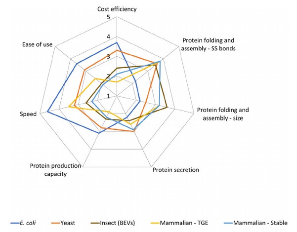 Comparative overview of the characteristics associated with the expression systems: E. coli, yeast, insect, mammalian-TGE and -stable.