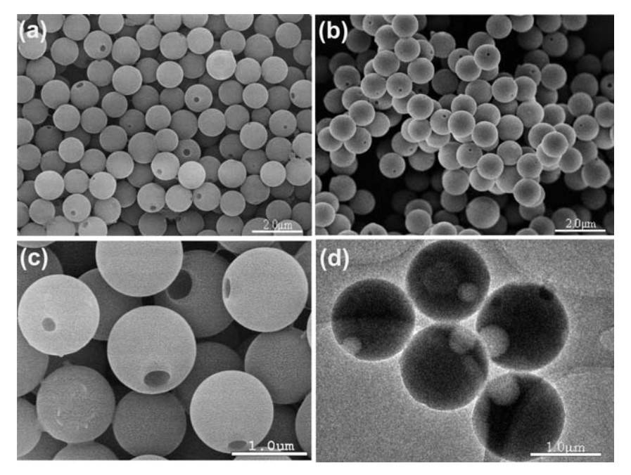 SEM and TEM images of monoporous polymer microspheres.