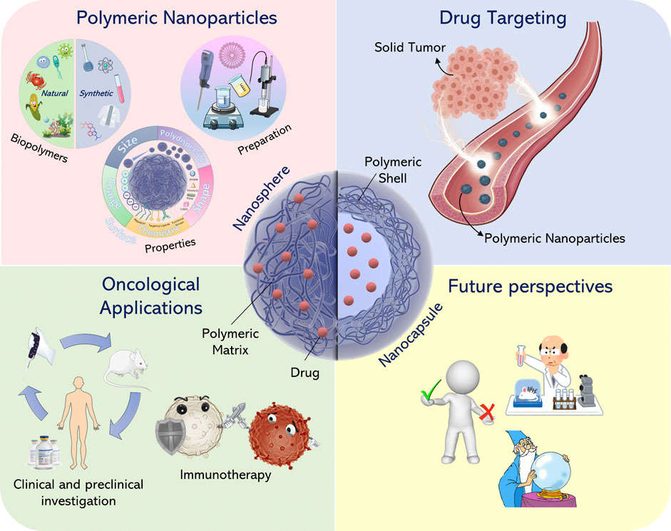 Properties of polymeric nanoparticles for drug delivery and their oncological applications and future prospects.