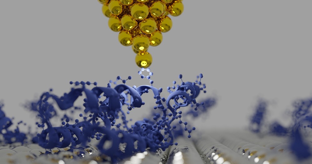 3D rendering of a surface showing the tip of an atomic force microscope (AFM) and protein structures.