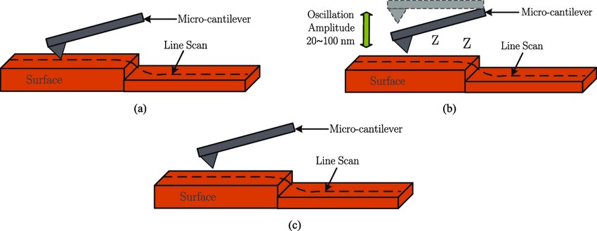 Three operating modes of atomic force microscopy (AFM): contact mode, tapping mode, and non-contact mode.