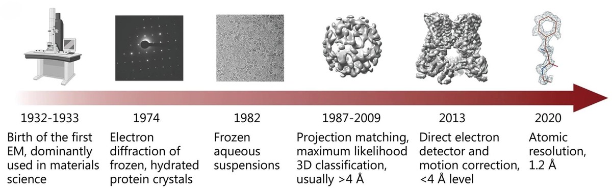 Timeline highlighting key milestones in the evolution of single-particle cryo-electron microscopy (cryo-EM).